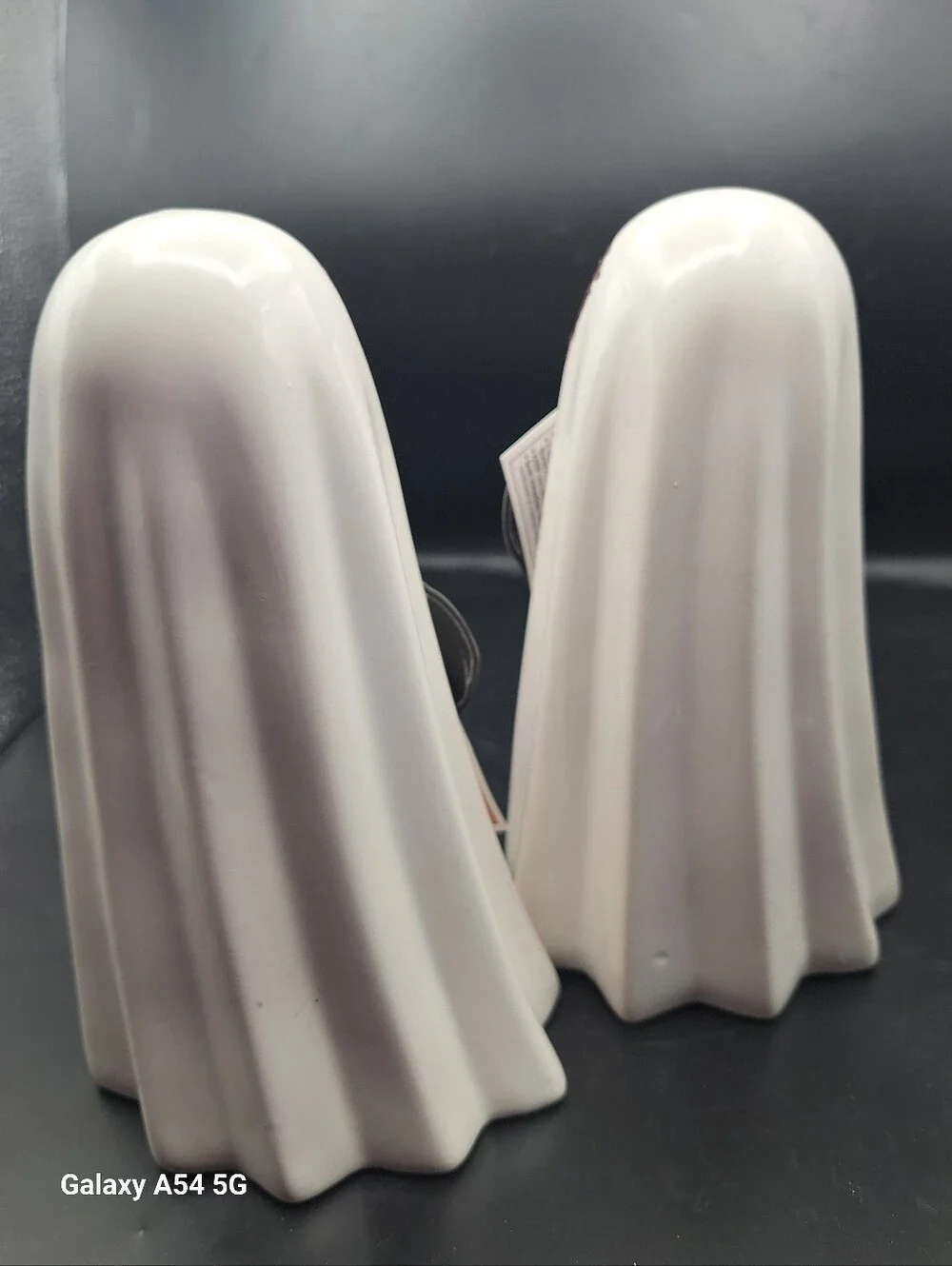 Martha Stewart White Ceramic Ghost Pair with Brown Distressed Eyes
